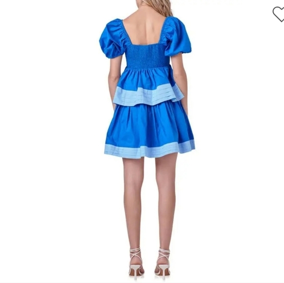 NWT English Factory Blue Puff Sleeve Tiered Smocked Mini dress size Large. - Picture 5 of 10